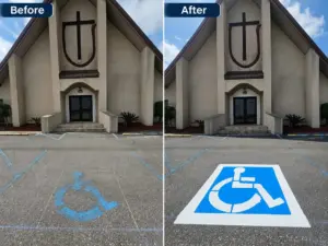 Before and after ADA parking symbol restriping at a South Georgia church