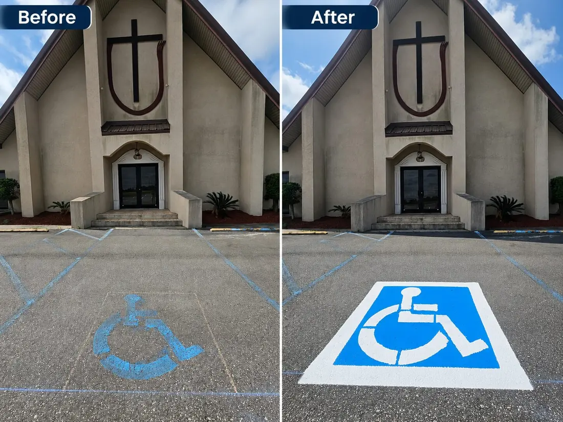 Before and after accessible parking symbol restriping completed by Peach State Stripe at a South Georgia church