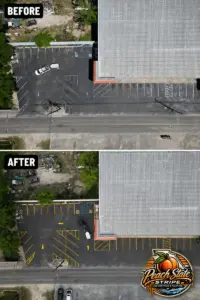 Before and after parking lot restriping at Morrison’s Hardware in Nashville, Georgia, changing faded white lines to bright yellow markings