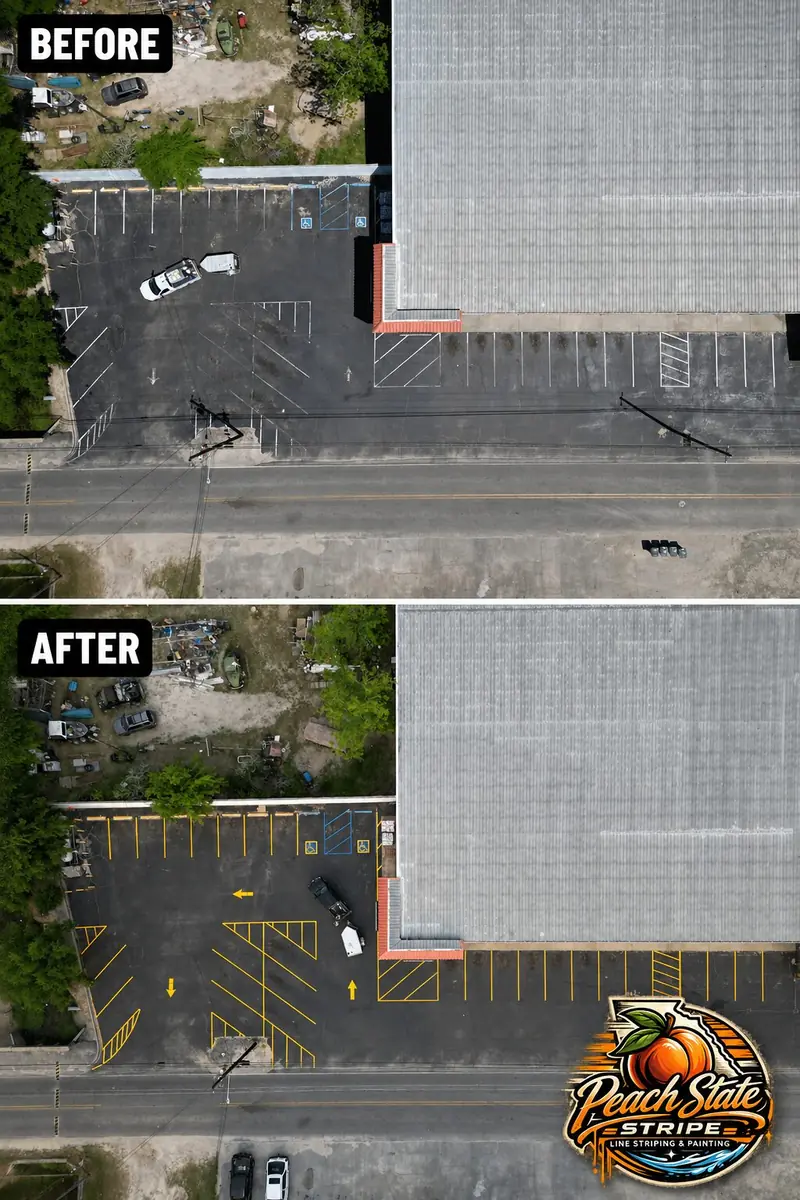Before and after parking lot restriping completed by Peach State Stripe at Morrison's Hardware in Nashville, Georgia