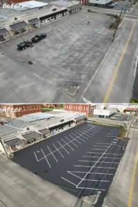 Before and after shopping center sealcoating and parking lot striping in South Georgia