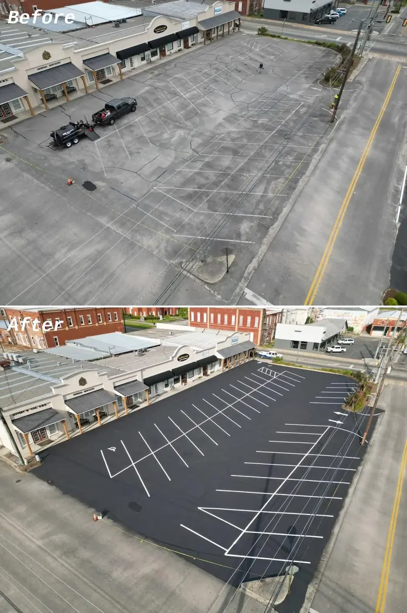 Before and after shopping center parking lot striping project completed by Peach State Stripe
