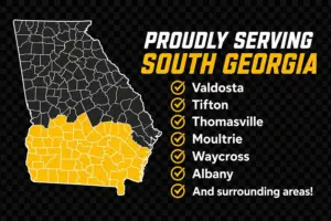 Map of Georgia highlighting Peach State Stripe's South Georgia service area, including Valdosta, Tifton, Thomasville, Moultrie, Waycross, Albany and surrounding areas