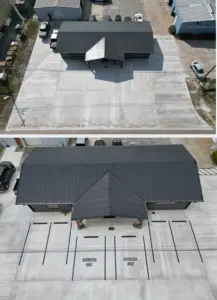 Before and after parking lot striping with custom Estimates Only stenciling at Southern Body Works in Nashville, Georgia