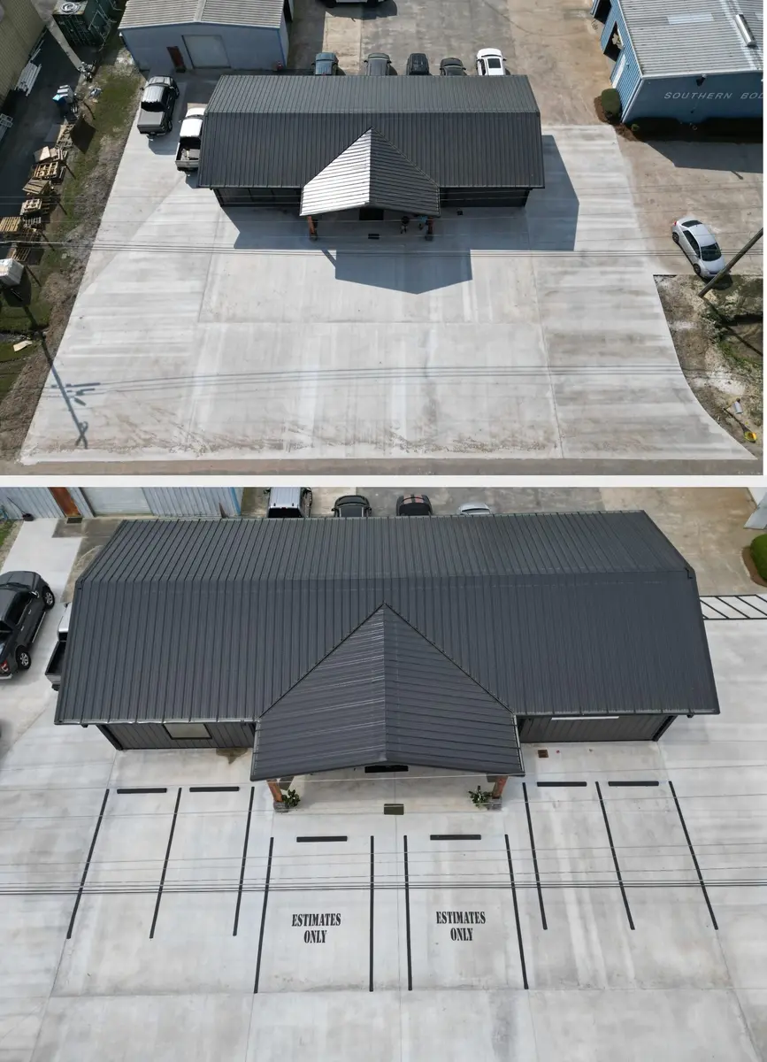 Before and after parking lot striping and custom stenciling completed by Peach State Stripe at Southern Body Works