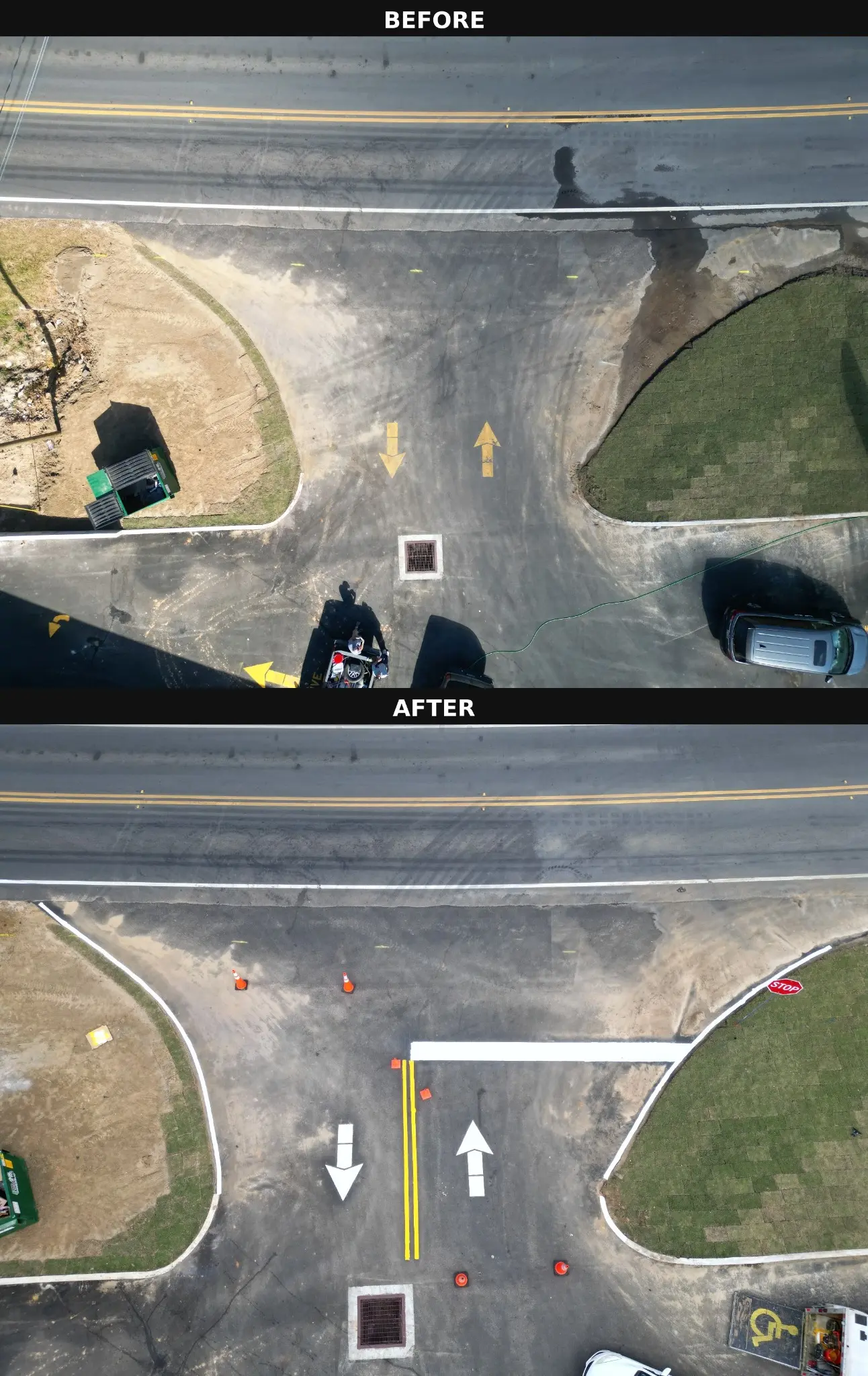Before and after parking lot striping showing enter and exit directional markings in Moultrie, Georgia