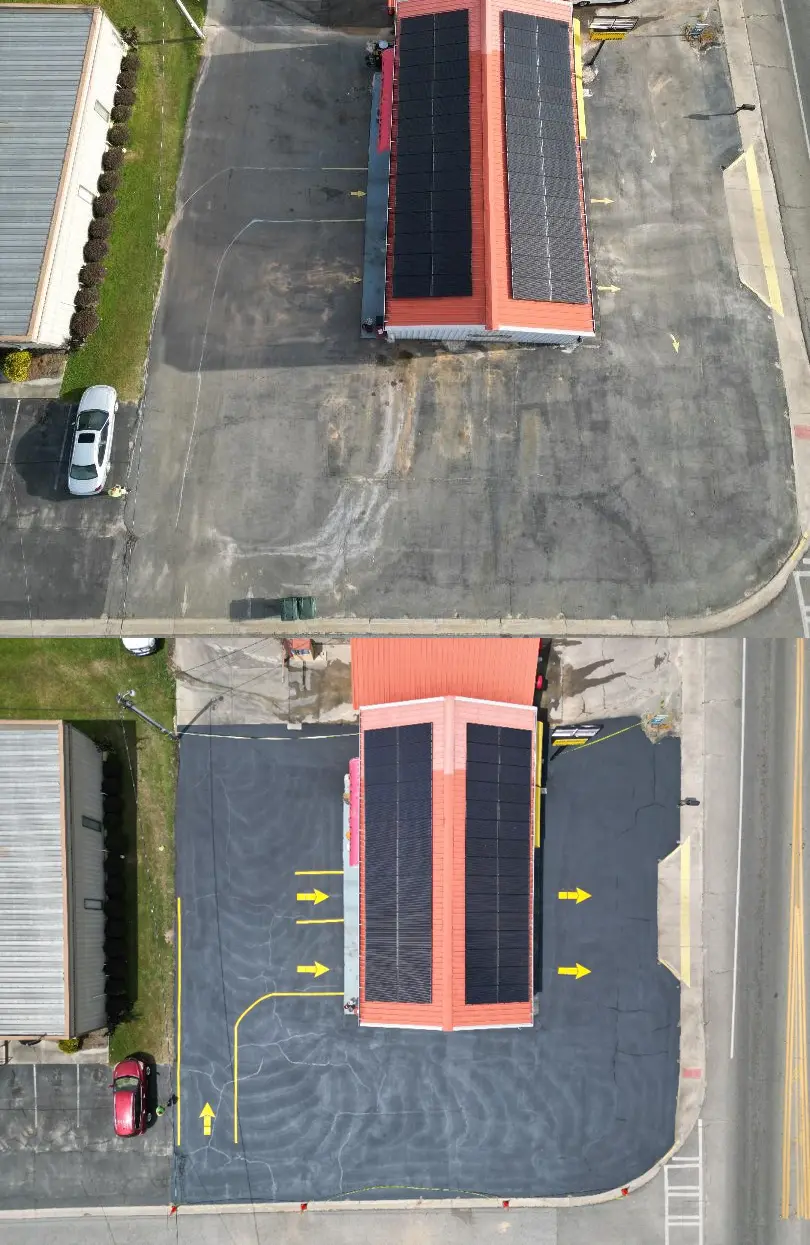 Before and after parking lot striping at Xtra Lube in Nashville, Georgia