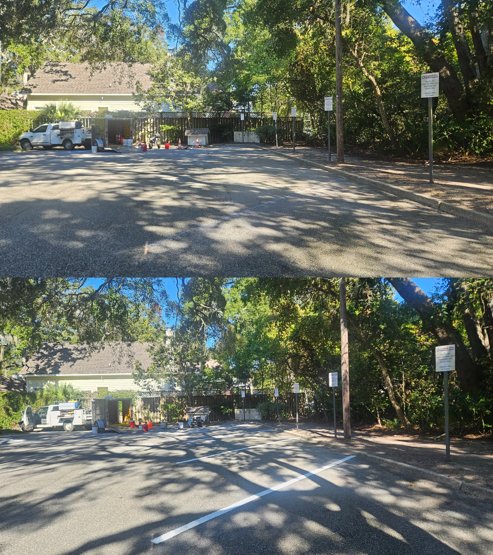 Before and after parking lot striping completed by Peach State Stripe at Capital City Home Loans in St. Simons Island, Georgia