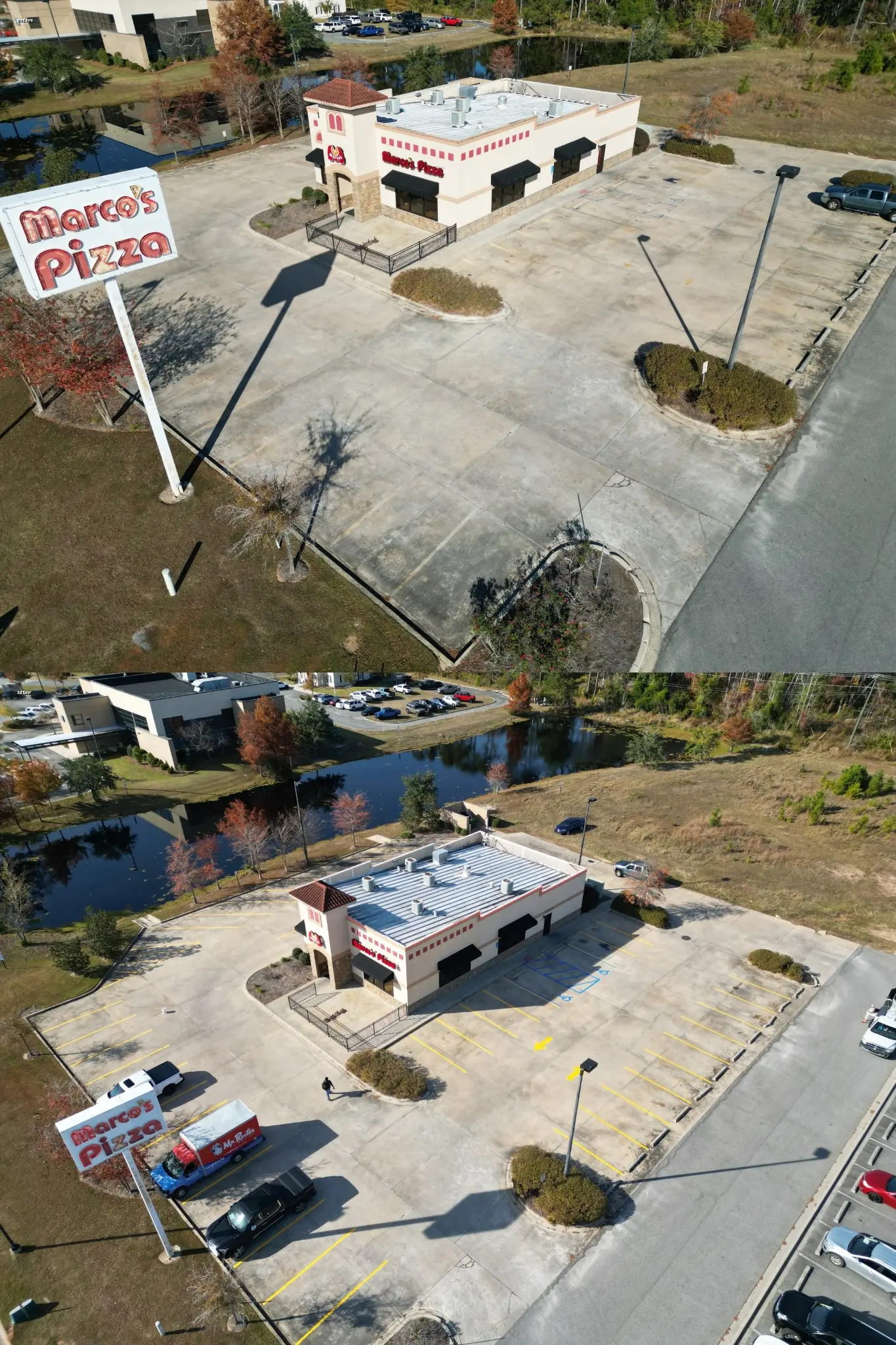 Before and after parking lot restriping completed by Peach State Stripe at Marco's in Valdosta, Georgia
