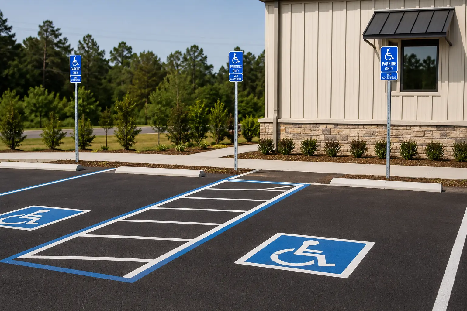 Accessible parking signs and fresh ADA pavement markings in a South Georgia parking lot