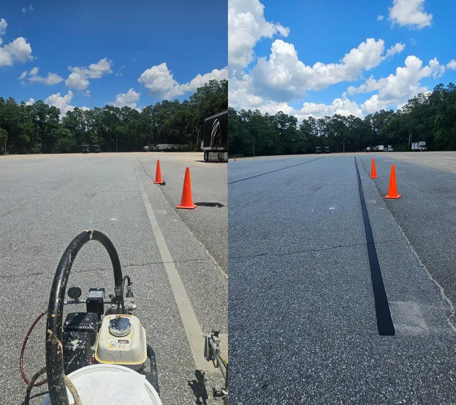 Before and after parking lot striping project by Peach State Stripe