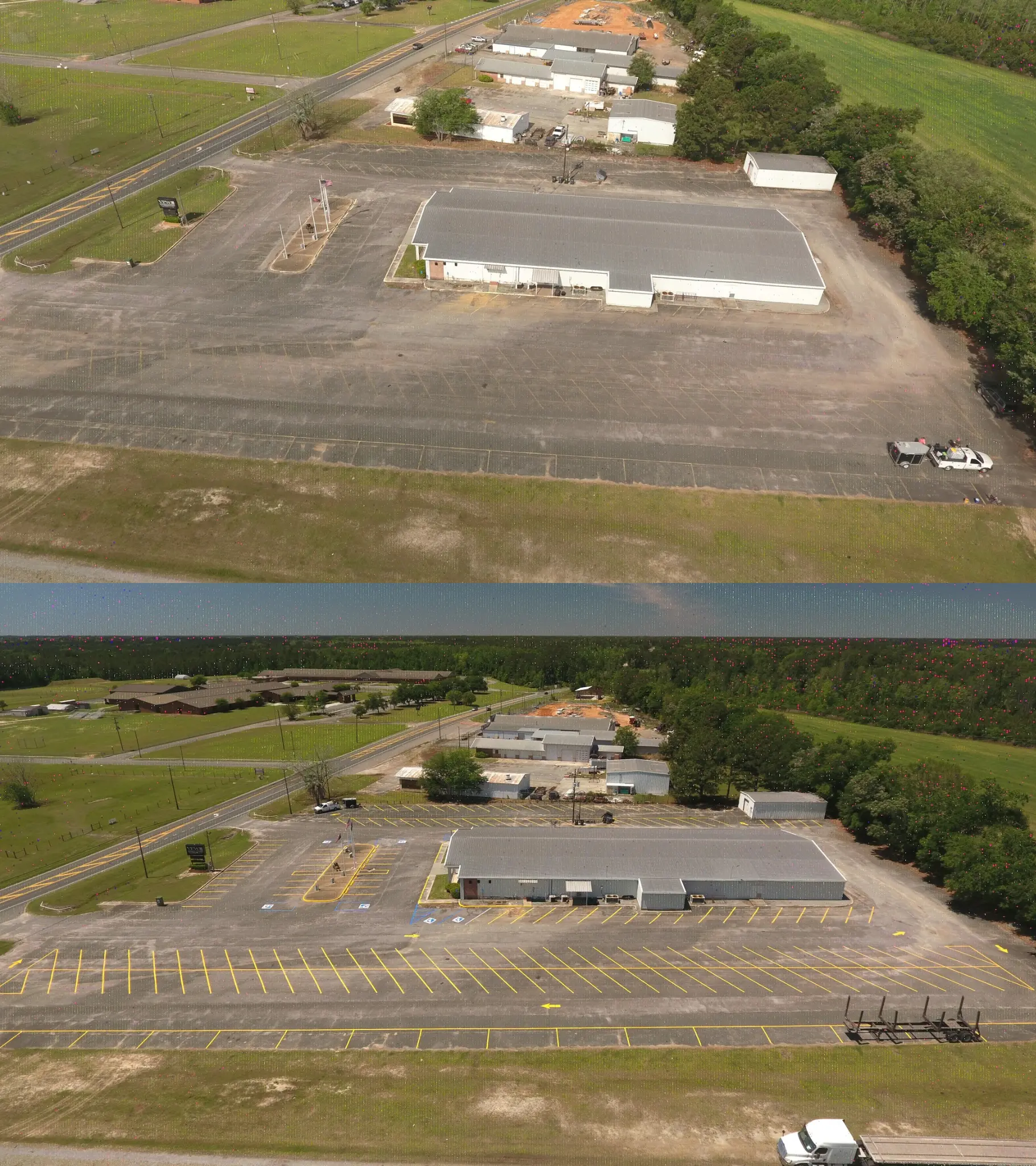 Before and after line striping at the Nashville VFW in Nashville, Georgia