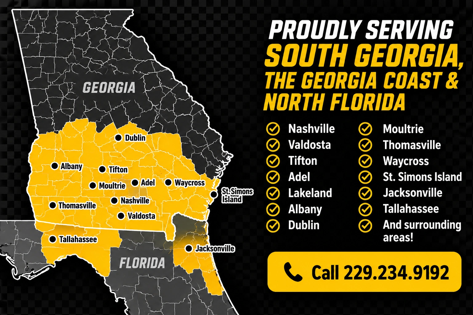 Peach State Stripe service area covering South Georgia, the Georgia coast and North Florida, including Nashville, Valdosta, Tifton, Adel, Lakeland, Albany, Dublin, Moultrie, Thomasville, Waycross, St. Simons Island, Jacksonville and Tallahassee