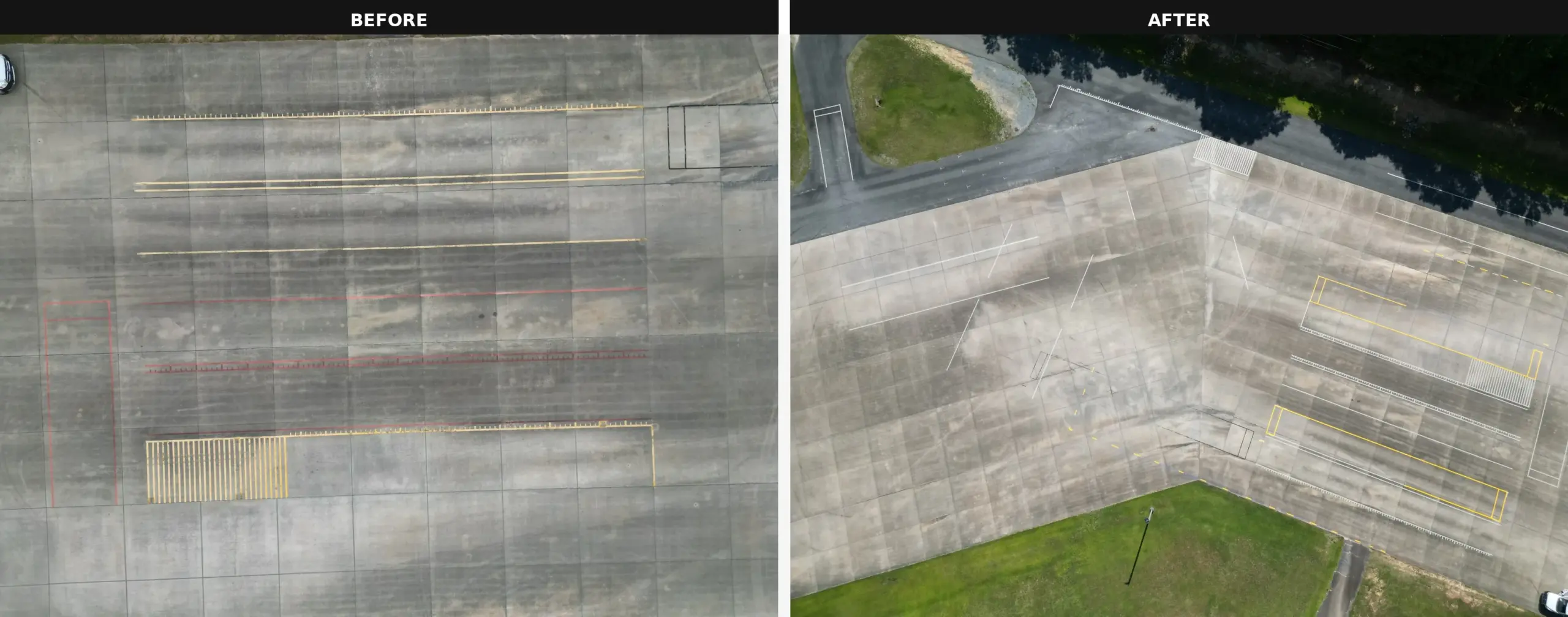 Before and after pavement striping at Southern Regional Technical College Tractor Trailer Training Course in Tifton, Georgia
